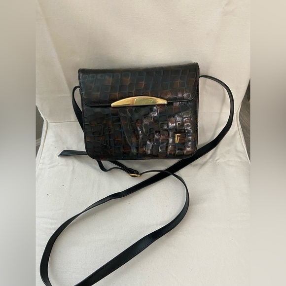 Vintage Franco Visconti Snake Print Leather Crossbody Handbag Purse Gold Tone - Picture 6 of 15